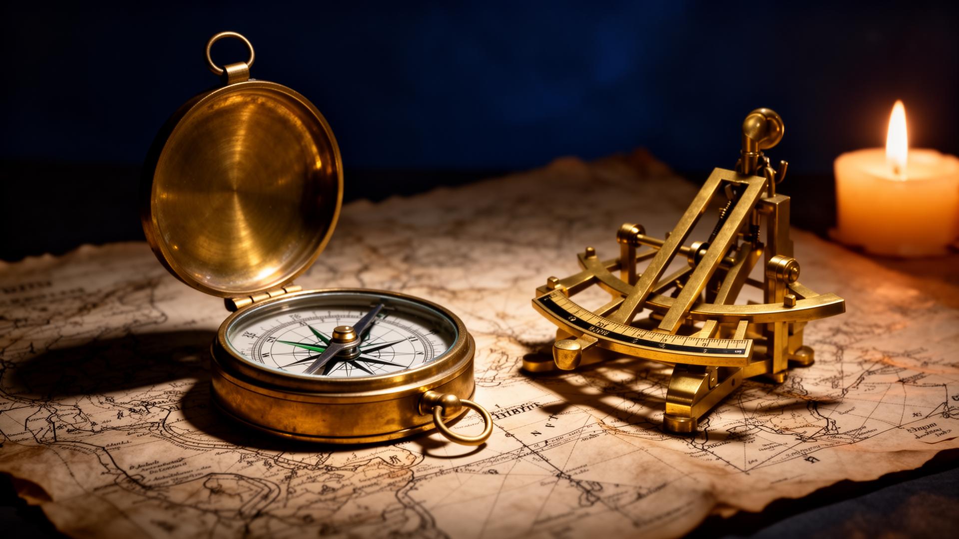 Brass compass and sextant resting on a nautical map